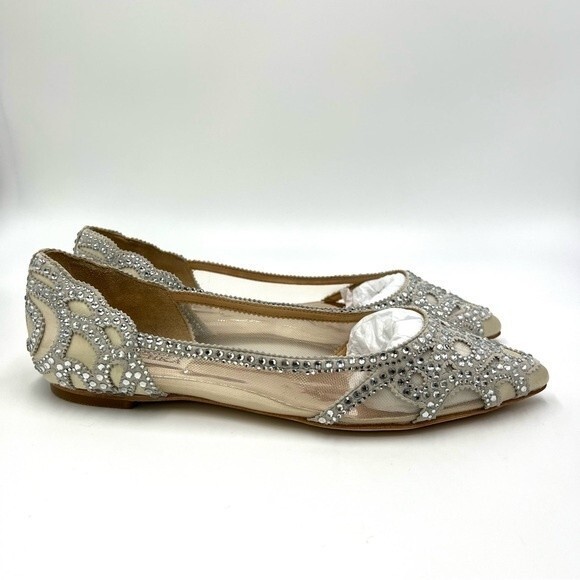 Badgley Mischka BHLDN Size‎ 6.5 Gigi Point Toe Jeweled Ivory Ballet Flats Shoes - Picture 3 of 15